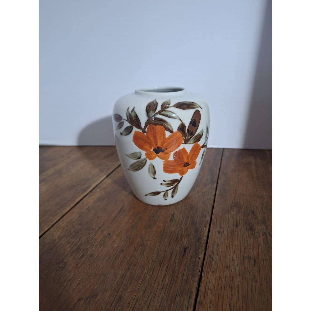 Vintage Japan Hand Painted Ceramic Bud Vase Orange Floral White Ginger Jar 5.5"
